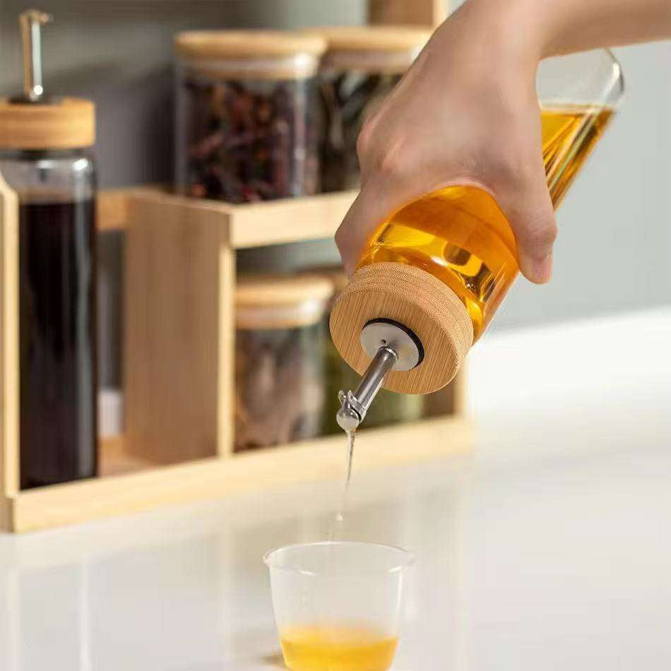 Hot Selling Glass Spice Jar Set with Bamboo Rack – Modern Oil & Vinegar Bottle Dispenser Set